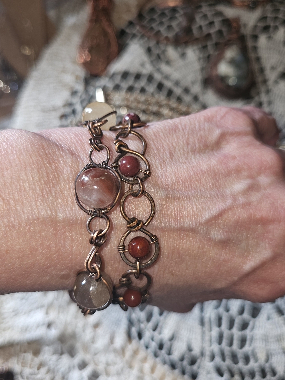 Handcrafted Copper Bracelet Set Of 2 with Red-jasper & Large Mixed Gemstones(214